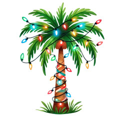 Festive palm tree wrapped in colorful holiday lights, bringing a touch of tropical cheer to the holiday season.