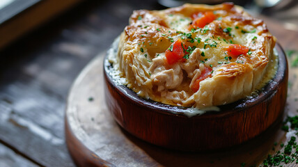 Delicious baked dish featuring creamy filling and flaky crust served in a rustic wooden bowl with fresh herbs and tomatoes