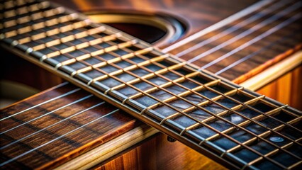 Obraz premium Close-up of a guitar's fretboard, showing intricate inlays and frets, with a shallow depth of field blurring the body and showcasing the instrument's craftsmanship.