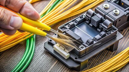 Close-up of a handheld fiber optic splicer tool connecting two thin glass fibers with precision, surrounded by cables and splice protection sleeves.