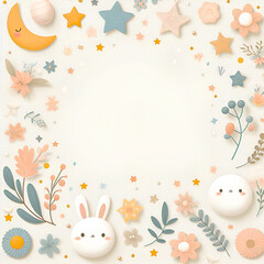 Pastel nursery pattern with bunny, flowers, moon and stars