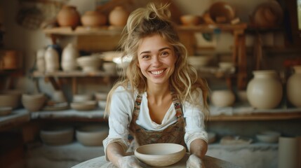 Smiling Woman in Artisan Pottery Workshop Holding Ceramic Bowl Surrounded by Handmade Clay Creations
