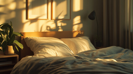 Sunlit bedroom with soft textures and gentle shadows in a cozy atmosphere during the golden hour