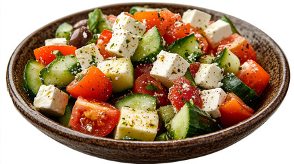 Fresh Greek salad bursting with vibrant vegetables, served in a rustic bowl, perfect for a summer gathering
