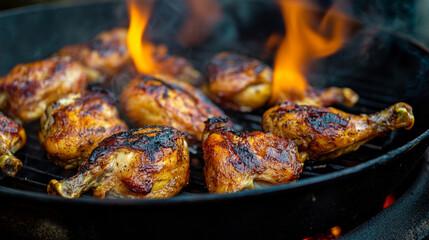 Juicy chicken legs grilling over an open flame at a backyard barbecue during a summer evening gathering