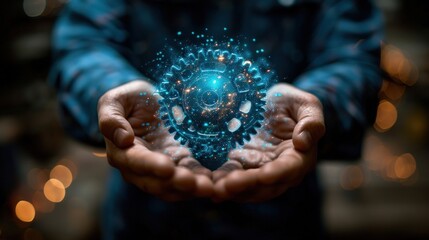 Fototapeta premium A man holds a digital gear in his hands, symbolizing technological progress and innovation.
