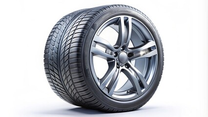 Obraz premium Close-up of a shiny new car tire and wheel combination isolated on a white background, showcasing the intricate design and texture of the rubber and alloy.
