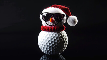 Golf ball  Snowman with  sunglasses, red scarf and hat centered over black background. Area for text to the right .