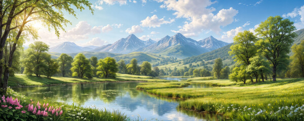 Fototapeta premium Fresh spring leaves in hues of yellow and green dance in the light breeze, while a tranquil stream runs parallel to the path, reflecting the emerging day.