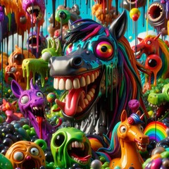 A Playful Parade of Whimsical Creatures Celebrating in a Vivid, Gooey Wonderland Filled with Joy, Laughter, and Colorful Chaos!