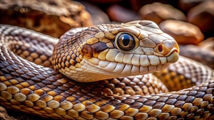 Obraz premium Close-Up Of A Venomous Snake Slithering On A Rocky Surface, Showcasing Its Intricate Scales And Menacing Gaze