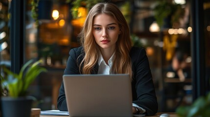 Portrait of a Young, Successful White Businesswoman in a City Office, Working on a Laptop at Her Desk. Determine Investment Strategy for e-Commerce Project by Ambitious Corporate Manager.