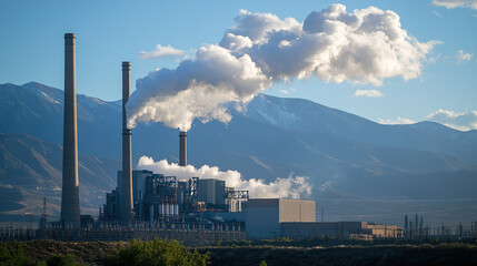 Industrial power plant with smoke against mountainous backdrop