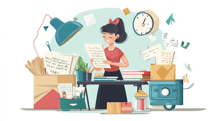 A young woman reviews notes at a cluttered desk filled with books and papers in a cozy workspace during the daytime