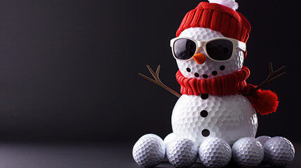 Golf ball  Snowman with red sunglasses, scarf and beanie hat over black background with golf balls. Area for text to the right. Christmas Card