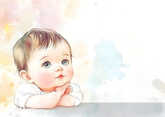 Watercolor illustration of a baby looking up, with soft colors in the background. Template for quotes, and greetings cards.