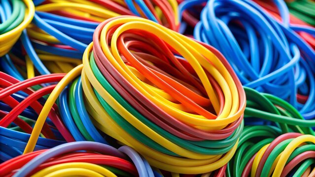 Close-up of various colored rubber polymer strips coiled and tangled together, showcasing flexible and durable properties of the synthetic material.