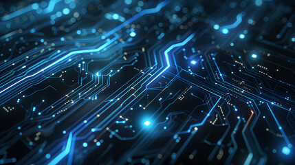 Futuristic Circuit Board with Glowing Blue and Orange Lights