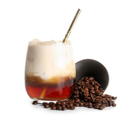 Glass of White Russian cocktail and coffee beans on white background