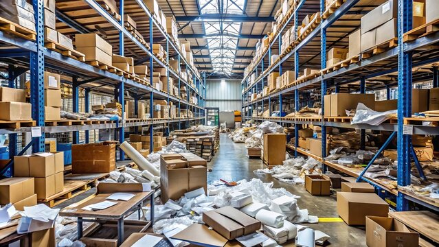 Cluttered warehouse with shelves overflowing with boxes and pallets, scattered papers and broken machinery, conveying a sense of disorganization and operational chaos.