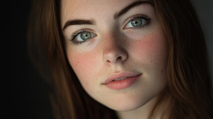 Fototapeta premium Young woman with striking green eyes posing indoors, showcasing natural beauty in soft lighting during a quiet afternoon