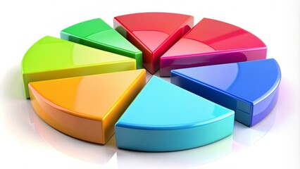 Obraz premium Colorful 3D pie chart with slices of varying sizes and percentages, isolated on a white background, representing data analysis and statistical information.