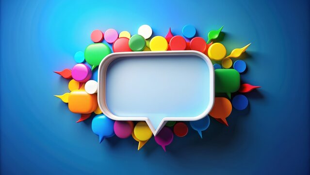Colorful 3D speech bubble emerging from a blank space, filled with white text, against a bold blue background, conveying creativity and modern communication.