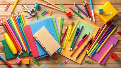 Colorful assortment of back-to-school essentials, including pens, pencils, notebooks, and folders, scattered across a wooden desk in a playful, whimsical illustration.