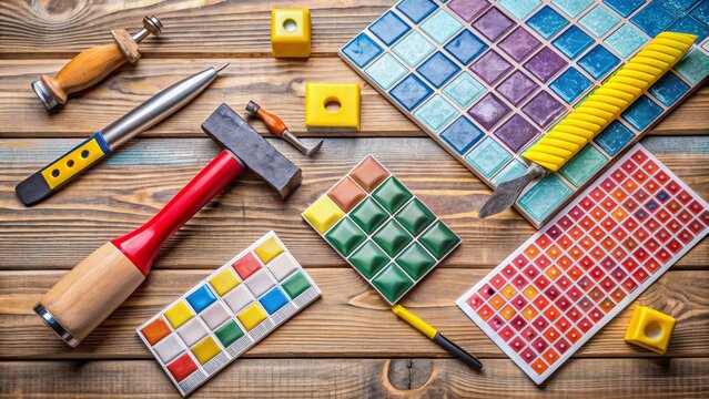 Colorful assortment of ceramic tiles, grout, spacer, notched trowel, level, and hammer laid out on a wooden table, ready for a DIY bathroom renovation project.