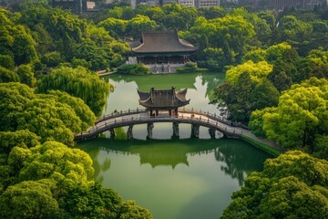 A serene landscape features a tranquil pond surrounded by lush greenery. A traditional bridge leads to a beautiful pavilion. Ideal for nature lovers and relaxation. Generative AI