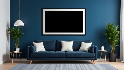 Interior mockup In a white room a blue sofa is placed next to a photo frame on the wall
