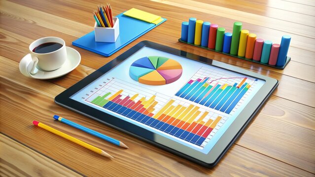 Colorful bar graphs and pie charts on a digital tablet surrounded by financial reports and pencils on a modern wooden desk in a bright office.