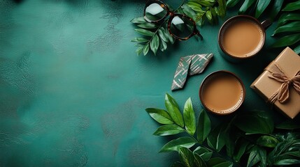 Father's Day flat lay: gift box, glasses, coffee cup, tie on dark green table.
