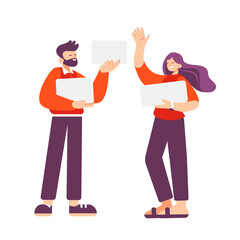 Illustration of a man and a woman standing with signs in their hands in flat style.