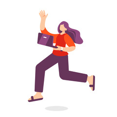 Illustration on the theme of the idea, a girl running with a laptop, in flat style.