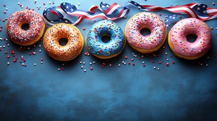 Happy Fourth of July greeting card template with donuts in American flag colors and a striped ribbon on a blue background.