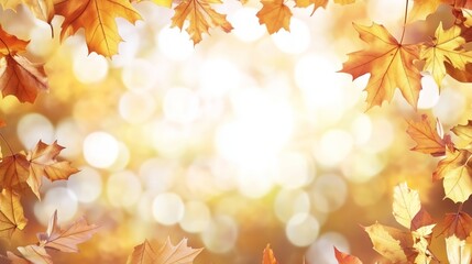 Fototapeta premium Vibrant autumn background with blurred yellow, orange, and brown fall leaves, highlighted by soft white bokeh lights. Ideal for seasonal designs with ample copy space for text or design elements.