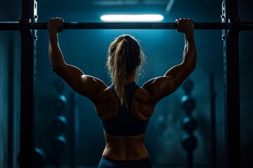 A determined woman training hard for strength gains in a dark gym. The focus is on her muscular back. Fitness and empowerment shine through. Generative AI