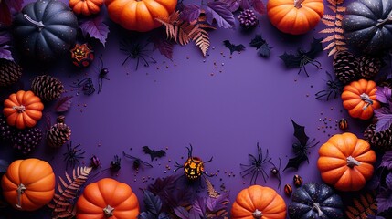 Obraz premium Happy Halloween party composition with pumpkins, skeletons, spiders, and bats on a violet background, top view flat lay.
