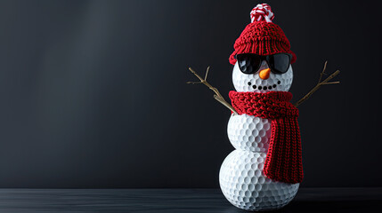 Golf ball  Snowman with red sunglasses, scarf and beanie hat over black background. Area for text to the left. Christmas Card