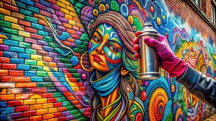 Fototapeta premium Colorful graffiti artwork on a brick wall featuring a hand holding a can of spray paint, surrounded by vibrant street art and urban textures.