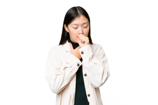 Young Asian woman over isolated chroma key background coughing a lot