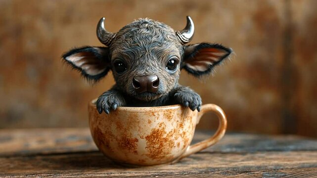 Tiny Taurus: A miniature, handcrafted bull calf sits nestled within a ceramic mug, its innocent gaze and diminutive size capturing the essence of cuteness and the whimsical charm of miniature art.  