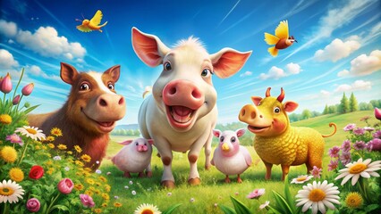 Fototapeta premium Colorful illustration of a smiling fish, pig, chicken, and cow standing together in a green meadow, surrounded by bright flowers and sunny skies.