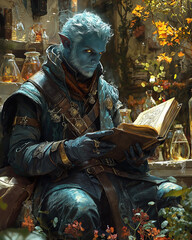 focused drow alchemist studying ancient texts surrounded by glowing vials and vibrant autumn foliage in a mystical garden