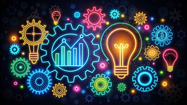 Colorful illustration of various entrepreneurial icons, including light bulbs, gears, and charts, symbolizing innovation, productivity, and business growth on a dark background.
