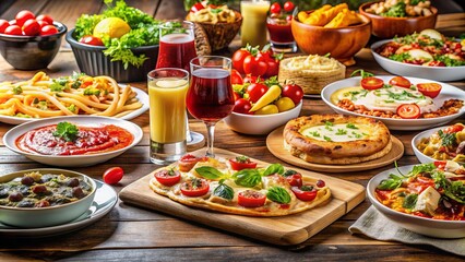 Colorful Italian take-out menu featuring mouth-watering dishes, drinks, and desserts, displayed on a bustling restaurant counter with utensils and garnishes, inviting a flavorful meal.