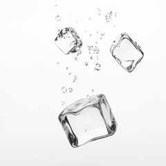 Three ice cubes falling in water, with water droplets.