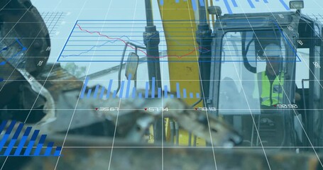 Financial data charts animation over construction worker operating heavy machinery - Powered by Adobe