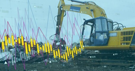 Excavator at construction site with financial data analysis animation over it - Powered by Adobe